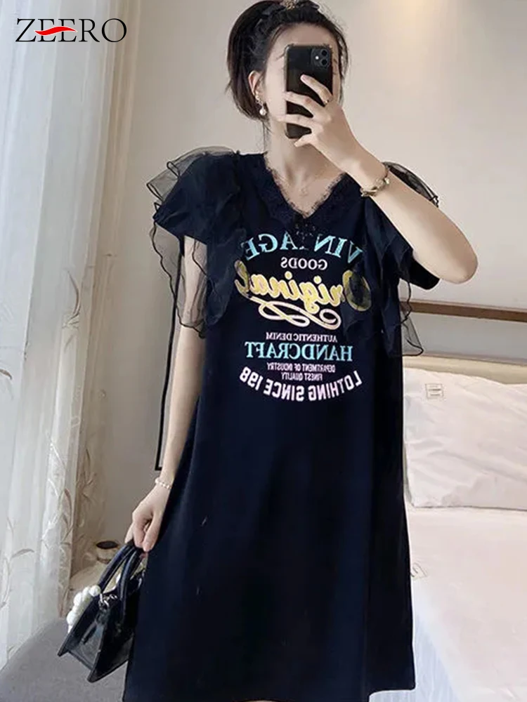 Coreia do verão streetwear impressão malha babados retalhos t camisa vestidos casuais feminino preto longo solto mini vestidos