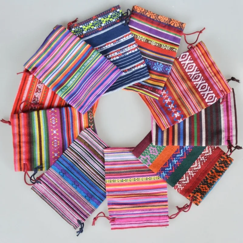 50 pcs/Lot 10x14 cm 13x18 cm Style ethnique rayé coton sac bonbons cadeau bijoux cosmétiques cordon stockage cadeau sac