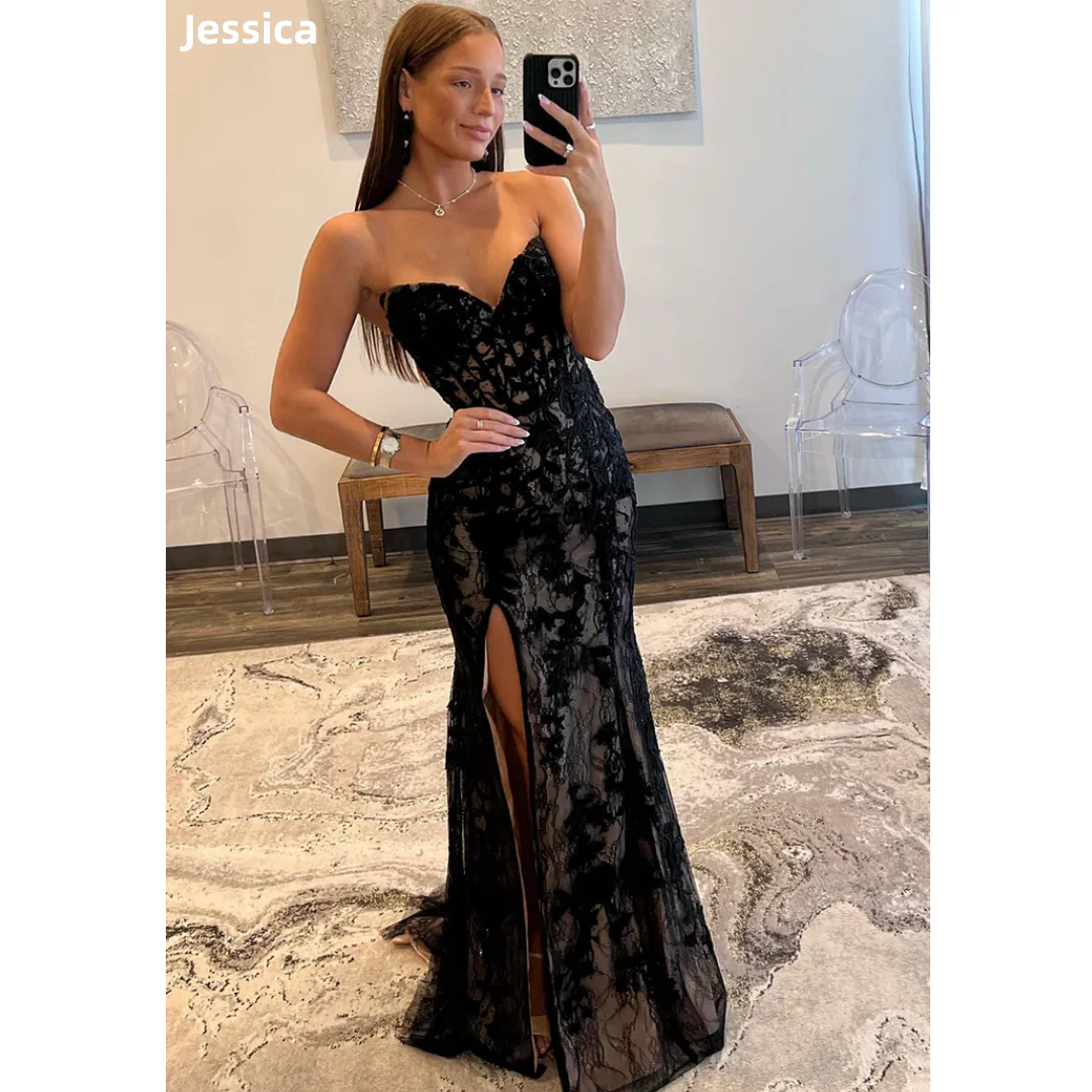 Jessica-Robe de Mariée Noire Élégante en Dentelle Brodée, Tenue de Bal, à Épaules Dénudées, pour Occasions Formelles, sur Mesure