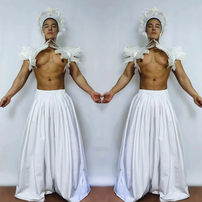 Fashion Men Sexy Pole Dance Gogo Costume White Wings Long Skirt Nightclub Ds Dj Rave Outfit Man Stage Performance Wear XS7629