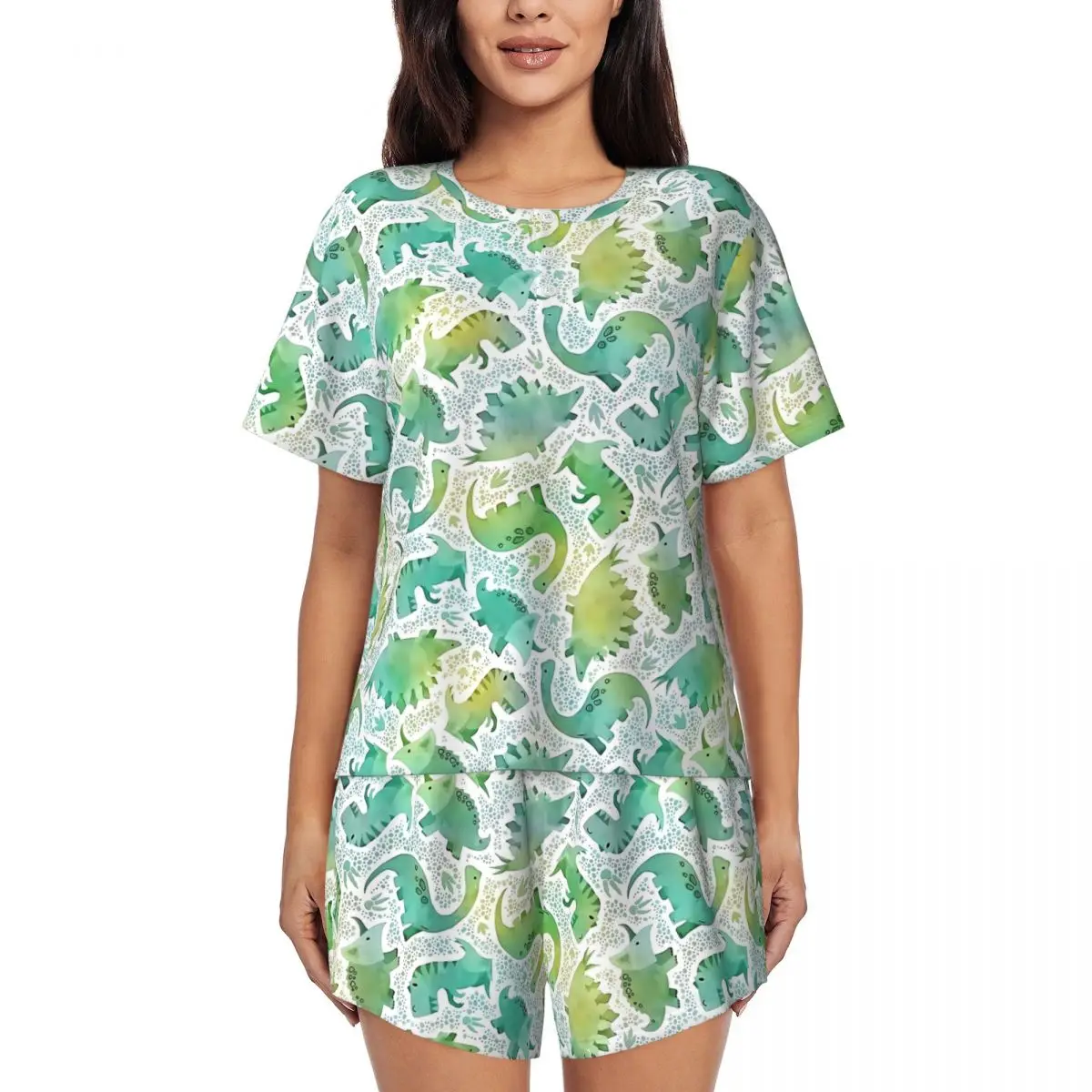 

Watercolor Dinosaurs Pajamas Summer Two Piece Animal Print Lovely Pajamas Set Women Short Sleeve O Neck Casual Printed Sleepwear