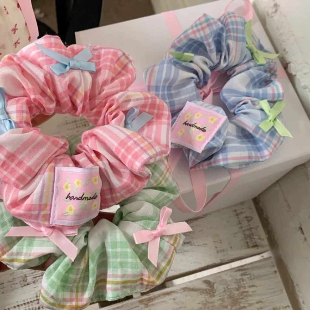 Bow Plaid Pattern Large Intestine Hair Rope Ponytail Braided Wrinkle Label Hair Loop Tie Hair No Harm Puff Korean Headband