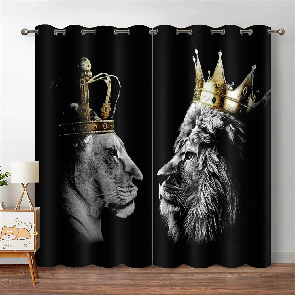 

2 Pcs Royal Lion Theme Curtains Black White Gold Print Living Room Bedroom Study Sun Shade Curtains Modern Home Decoration