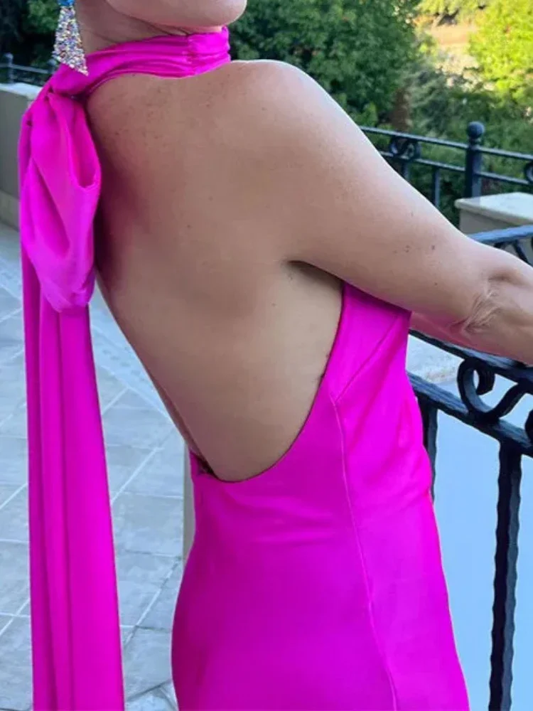 Abito lungo in raso da donna con temperamento elegante alla moda estiva, collo appeso, abito lungo in raso da donna sexy senza schienale