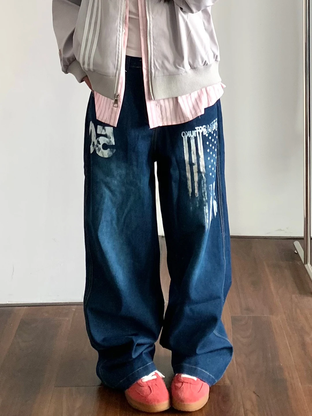 

Синие джинсы большого размера в стиле ретро, женские свободные широкие брюки, прямые джинсовые брюки с принтом High Street Faion