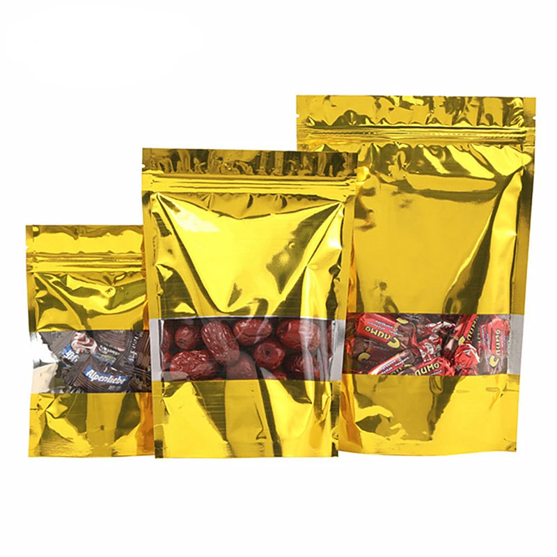 100pcs Stand up Glossy Gold Aluminum Foil Zip Lock Bag Resealable Coffee Beans Snack Party Wedding X-mas Gift Window Pouches