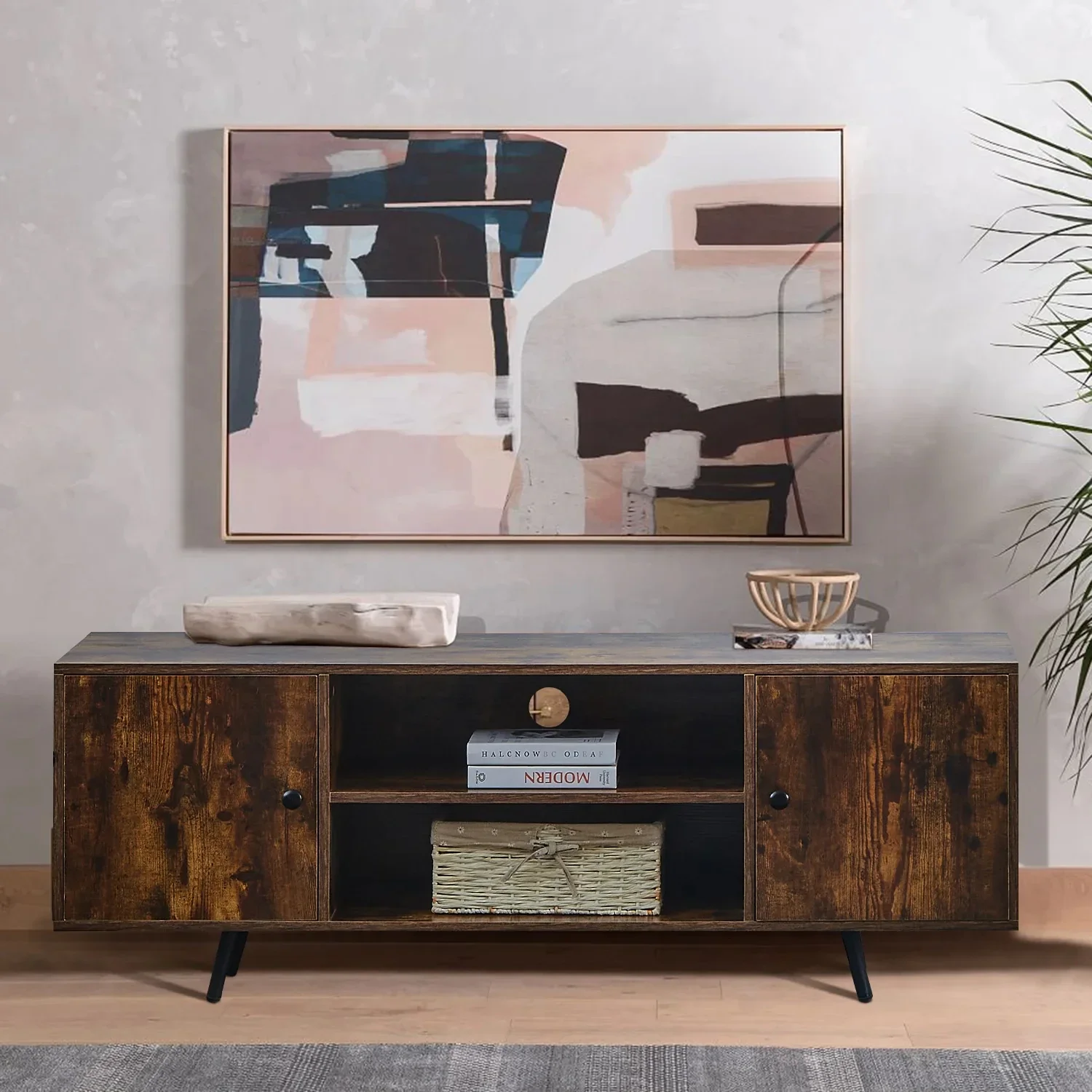 

-Modern Luxury Mid Century MDF OEM TV Console Stand 2 Storage Cabinet Rustic Brown Living Room Furniture Design