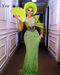 Green Yellow African Formal Long Mermaid Evening Dresses Sparkly Sequins Aso Ebi Nigerian Wedding Prom Party Gowns Customized