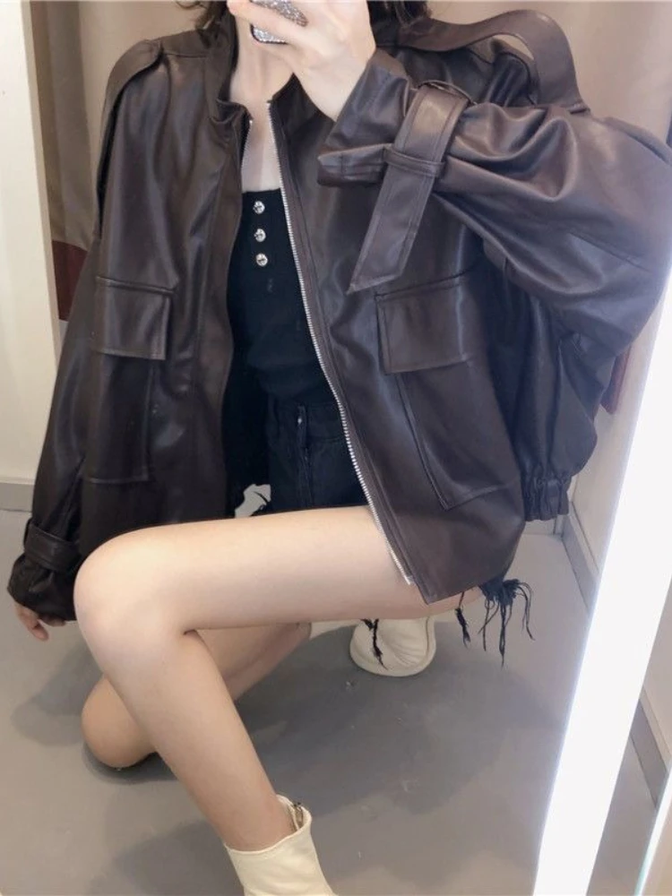 Brązowa Krótka Skórzana Kurtka Damska Kieszenie Japoński Zamek Błyskawiczny Skórzana Kurtka Damska Luźna Retro 2025 Lato High Street Płaszcz Moda