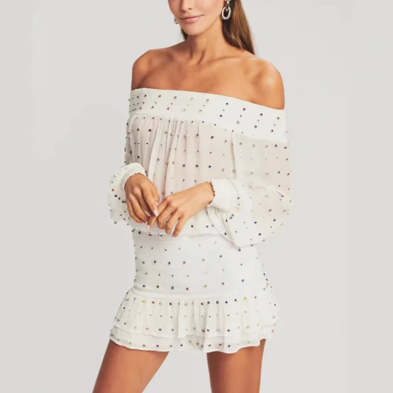 

Off--Shoulder Chiffon Dress With Colorful Rhinestones Waist-Cinching Ruffled Skirt With A Slimming Effect