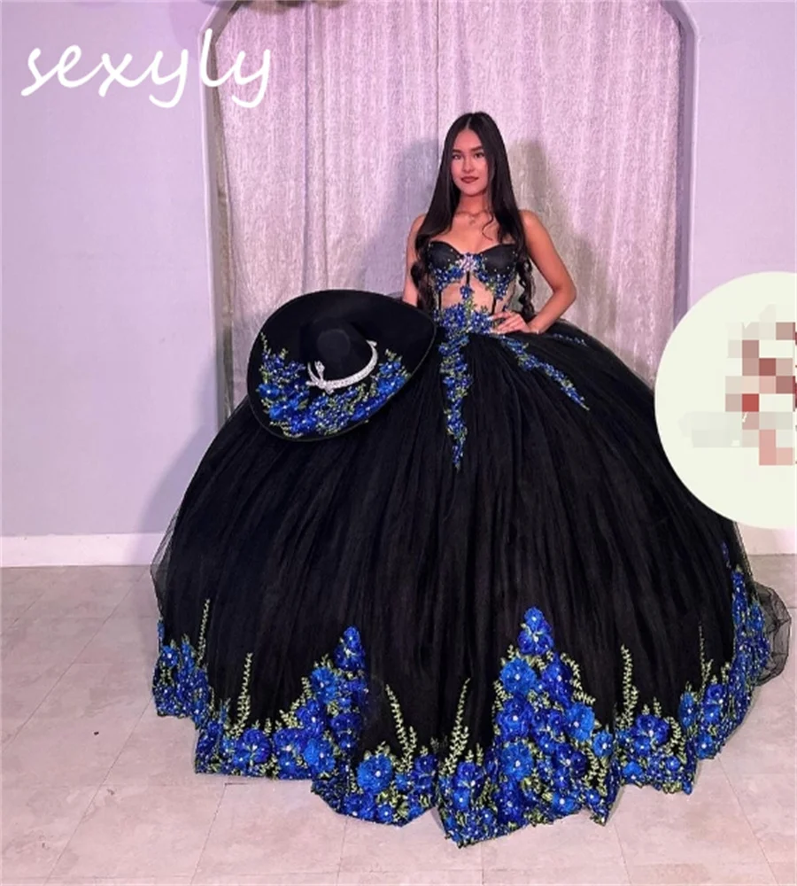 Luksusowa czarna meksykańska sukienka Vestidos De 15 Quinceañera Sweetheart Puffy Charro Fifteen Birthday Dress Vestidos De Xv Años Customized