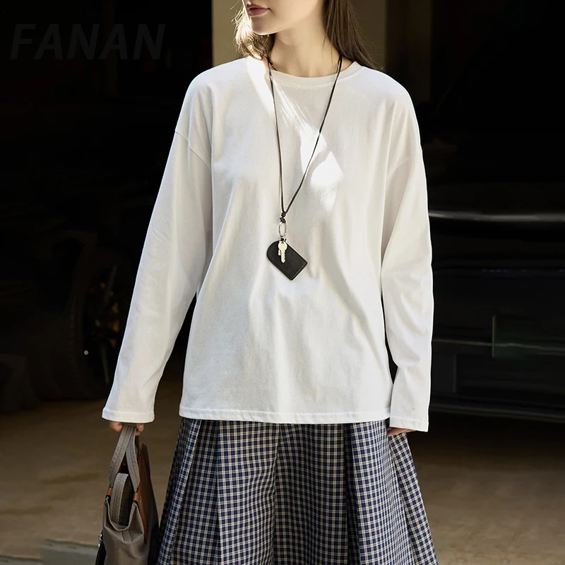 

FANAN Korean Style Minimalism Pullover Long Sleeve T-shirt For Women Round Neck Casual Fit Tops Female Clothes 2025 Autumn New