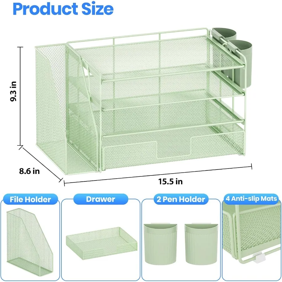 منظم ملفات سطح المكتب مكون من 4 طبقات مع درج وحاملين أقلام لتخزين اللوازم المكتبية ومنظم مساحة العمل الخضراء مع الممارسة #3