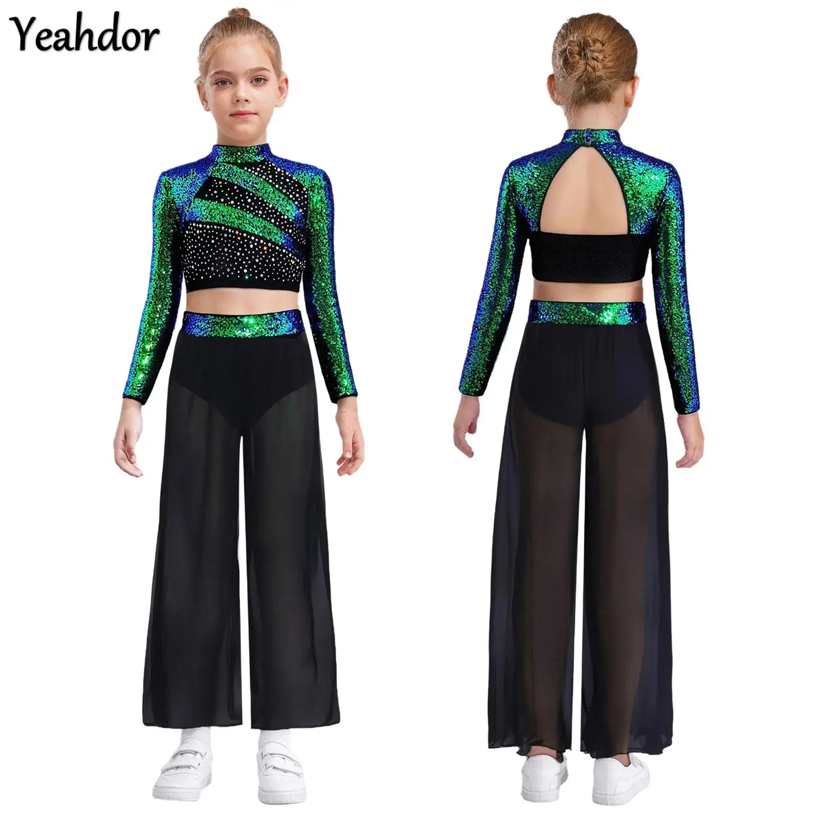 

Girls Lyrical Dance Outfits Ballet Jazz Dance Costume Long Sleeve Sequin Crop Tops +Chiffon Wide-Leg Side Slit Dance Pants Sets