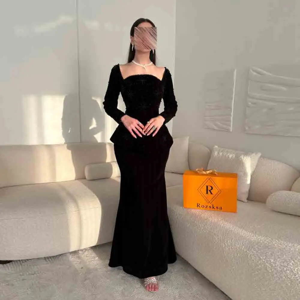 

Customized Elegant Square Neck Evening Peplum Gown with Beaded Details Formal Party Prom Wedding Guest Outfit with Long Sleeve
