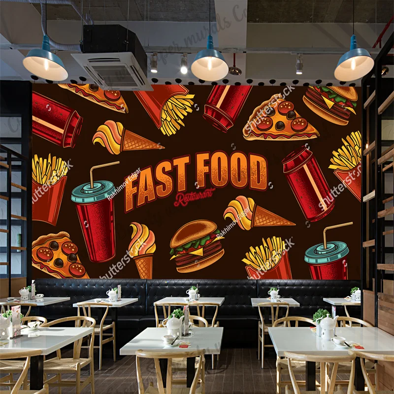 

Custom Hand-painted Fast Food Wallpaper Industrial Decor Burger French Fries Pizza Mural Restaurant Snack Bar Background Wall