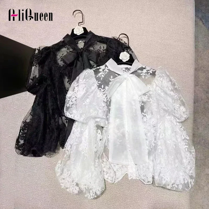 

Korean Summer Perspective Women Sexy Black Lace Shirts Flower Embroidery Lantern Long Sleeve Bow Neck Female White Blouses Tops