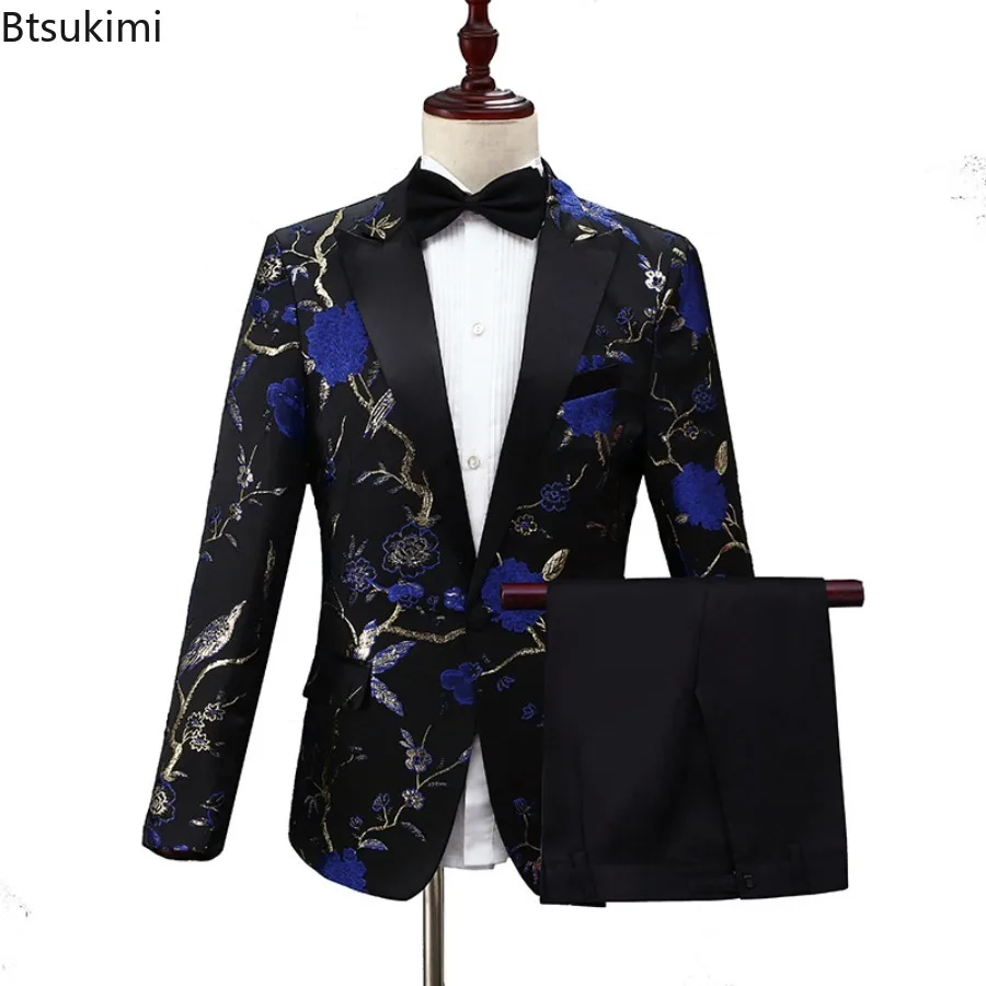 High-end Embroidered Suit Two Piece Sets for Men Woodpecker Jacquard Slim Suit Coats Pants Men's Party Dress Suit Stage Costumes