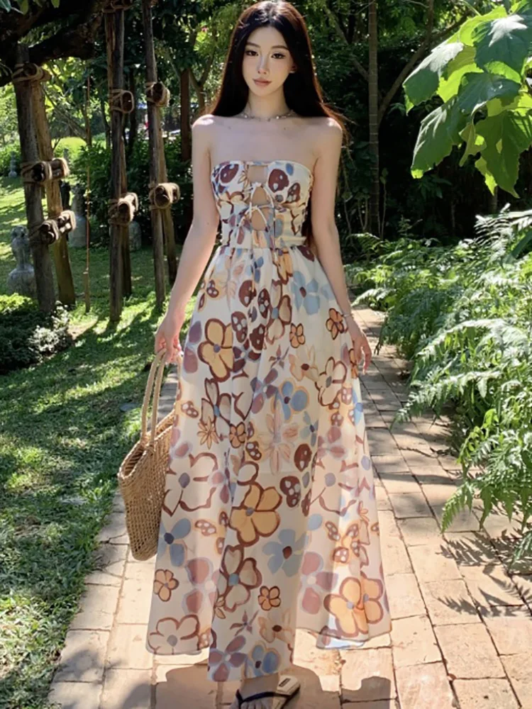 Letni nadruk bandaż owijanie klatki piersiowej seksowna sukienka Maxi kobiety styl plażowy Casual Dress 2025 koreański elegancki luksusowy festiwal Vestidos