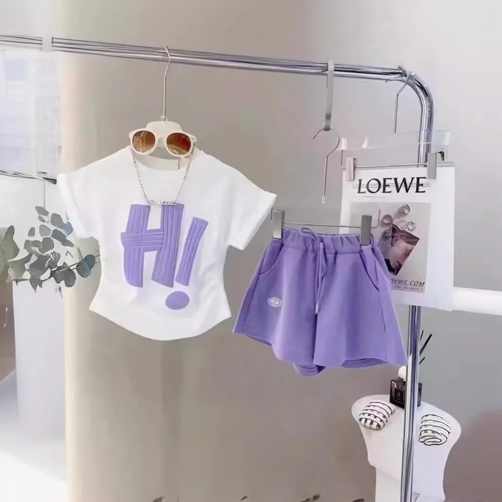 

Girls' Summer Leisure Suit Korean Version Fashion Short Sleeve Letter T-shirt+Drawstring Shorts Two Piece Set Sports Clothes