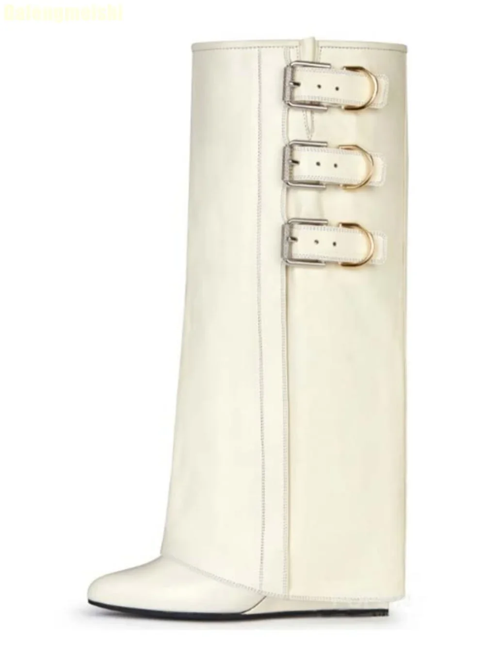 2025 New Wedges Shark Boots Metal Belt Buckle Black/white/red Leather Mid-Calf/knee-High Boots Latest Catwalk Fashion Boots