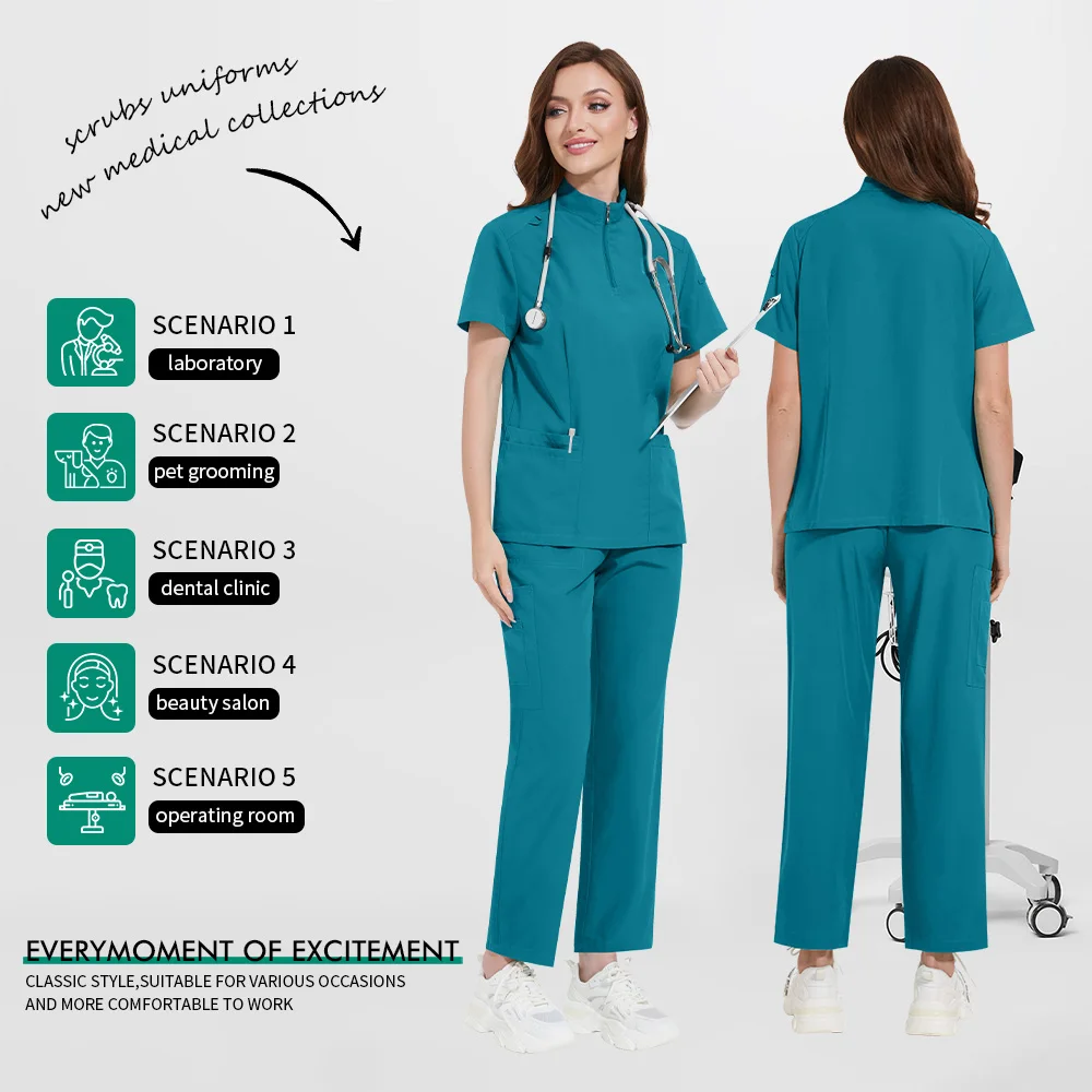 Uniforme da lavoro da medico in tinta unita Donna Scrub Uniforme medica Manica corta Clinica odontoiatrica Set infermieristico Scrub Tunica sanitaria per assistente