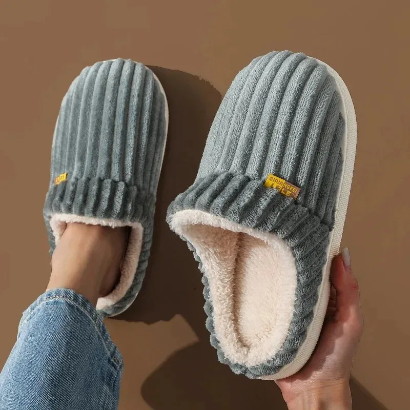 

Winter Unisex Concise Solid Color Flat Plush Slippers Non-slip Warm Fluffy Mule Slides For Women Men Home Casual Cotton Shoes ﻿