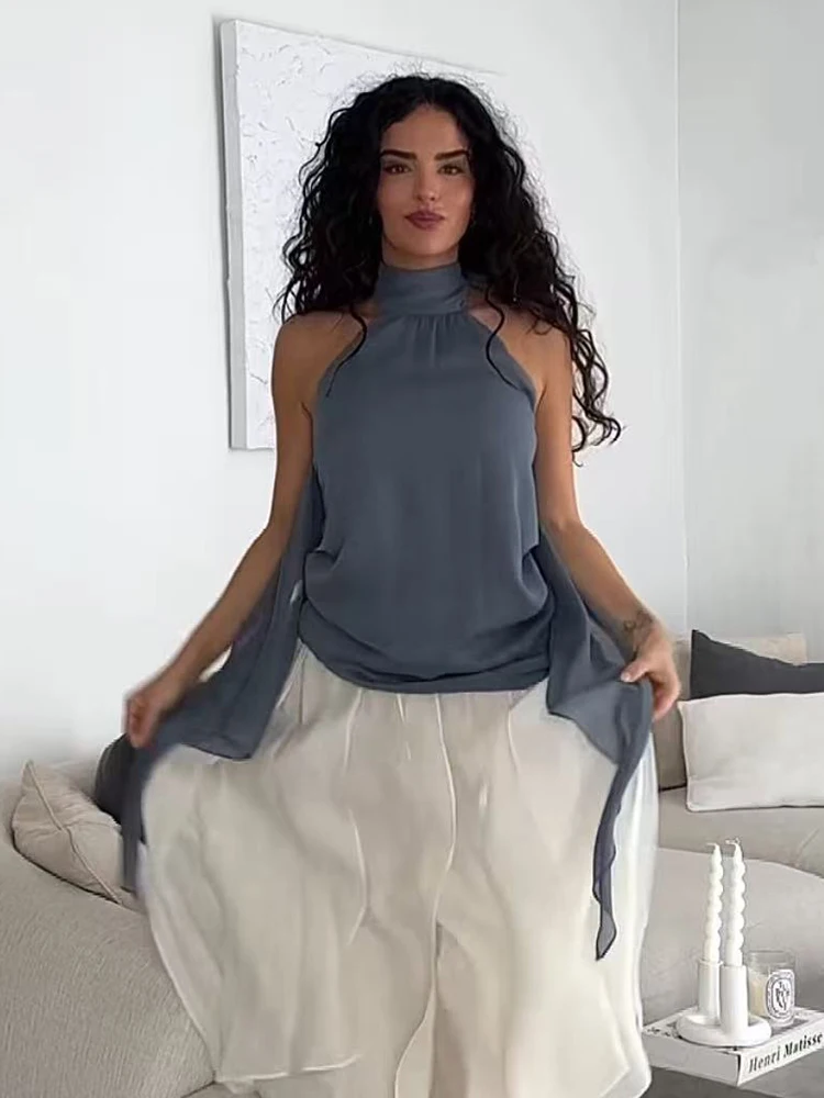 Women's Holiday Style Sleeveless Top Sexy Backless Asymmetrical Solid Elegant Beach Party Streetwear Summer New Lady Blouse view 2