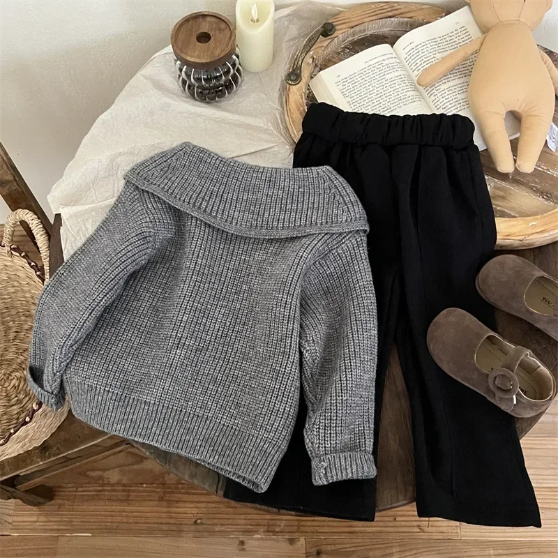 Korean Version Children's Clothing Autumn and Winter Girls' Fashionable Style Set Knitted Sweater+Black Pants Two Piece Set