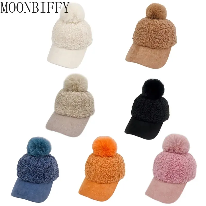 Women Winter Faux Fleece Baseball Peak Cap soft Warm Solid Color Cute Pompom Hip Hop Sunscreen Visor Brim Beanie Hat