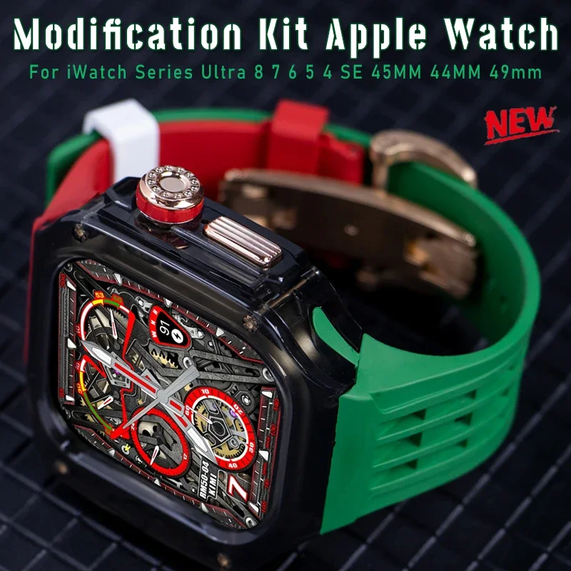 Luxury Glacier Case For Apple Watch Ultra 2 49mm Silicone Band For iWatch Series 8 7 6 5 4 SE 45MM 44MM Transparent Mod Kit