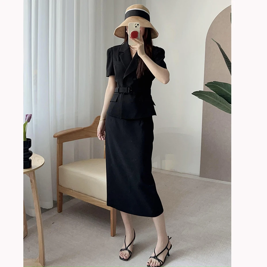 

Ele ort Sve Suit And H-ape Split f Skirt Set Double Breasted Waist-Cinching Faionable Women's Two-Piece Ensemble
