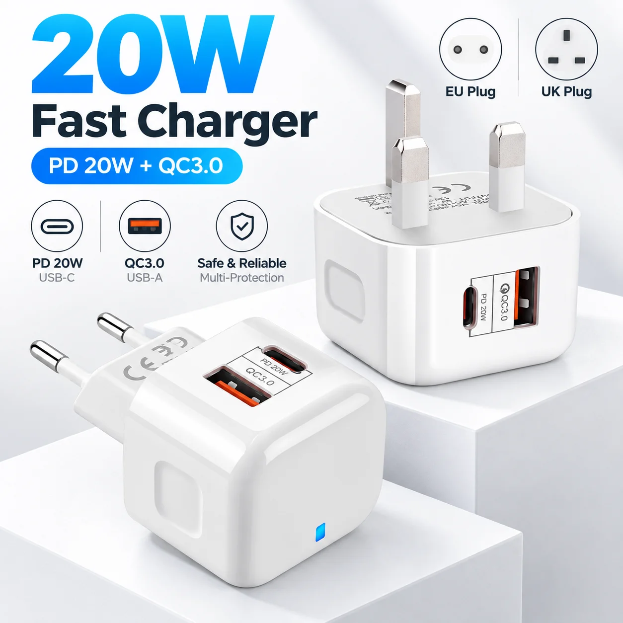20W Dual Port USB C PD Fast Charger EU US UK Plug Quick Charging Wall Adapter for iPhone 15 14 13 12 11 Samsung HTC LG