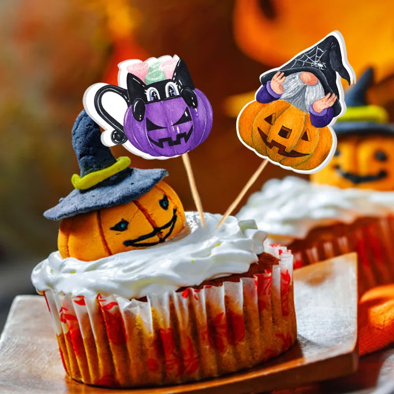 16pcs Halloween Cupcake Toppers Pumpkin Ghost Cake Flags Dessert Cake Decorations Halloween Birthday Horror Party Supplies