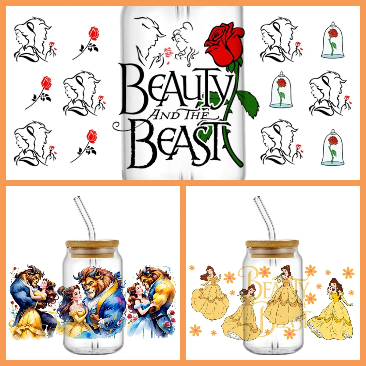 

Новая 3D наклейка «Красавица зверь», УФ- DTF, водонепроницаемая переводная наклейка для обертки чашки 16 унций, сделай сам, мультяшные очки, украшение кружки