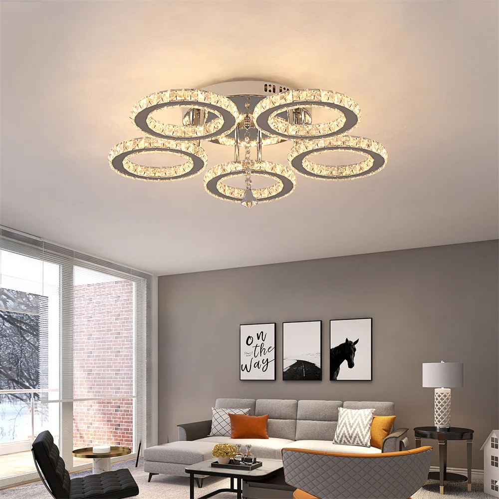Modern Crystal Chandelier with App Dimmable Ceiling Light Fixture Rings Shape Flush Mount Chandelier for Bedroom Living Room 3