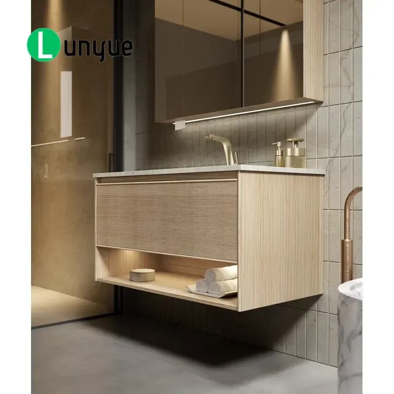 Modern Simple MDF Waterproof Bathroom Cabinet with Stone Basin LED Mirror Eco Friendly Multi Functional Vanity for Hotel Home