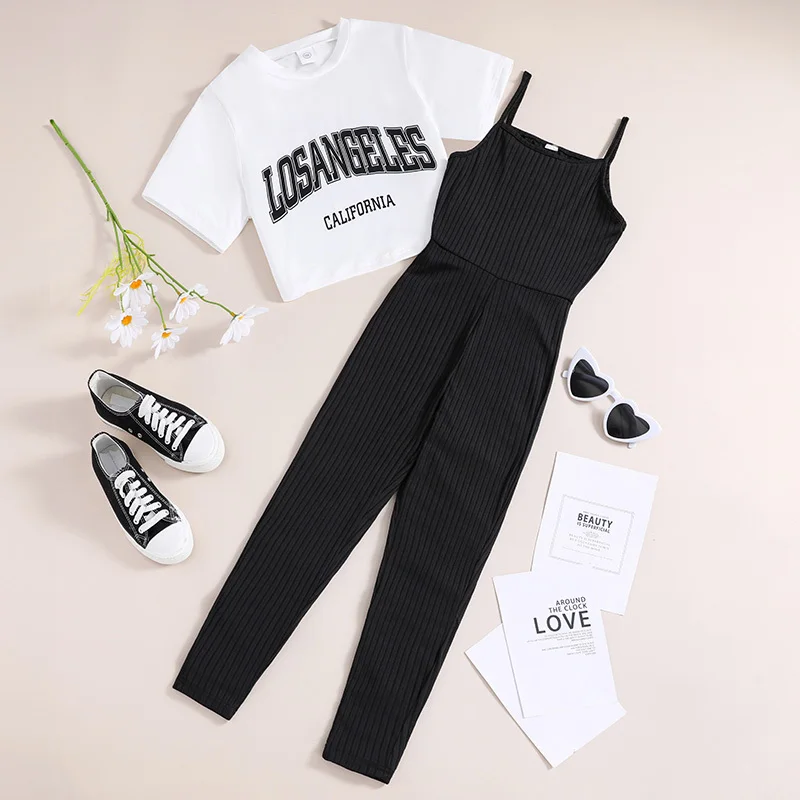 Fashion 8-12Ys Kids Outfit White Short-Sleeved Top + Black Pants For Girls Sporty Preppy Style Outifits 2PCS Casual Suit