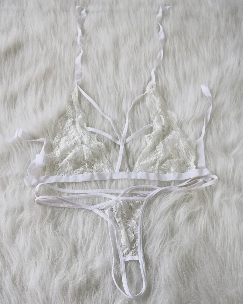 Sexy Lace lingerie White See-through Three-Point Bikini Suits Bra G-string Women Erotic Clothes plus size lingerie set