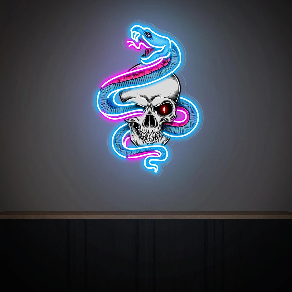 Skull and Snake Neon Sign Handmade Living Room Home Bar Club Wall Hanging Decor Led Neon Light Custom UV Printing Neon Sign