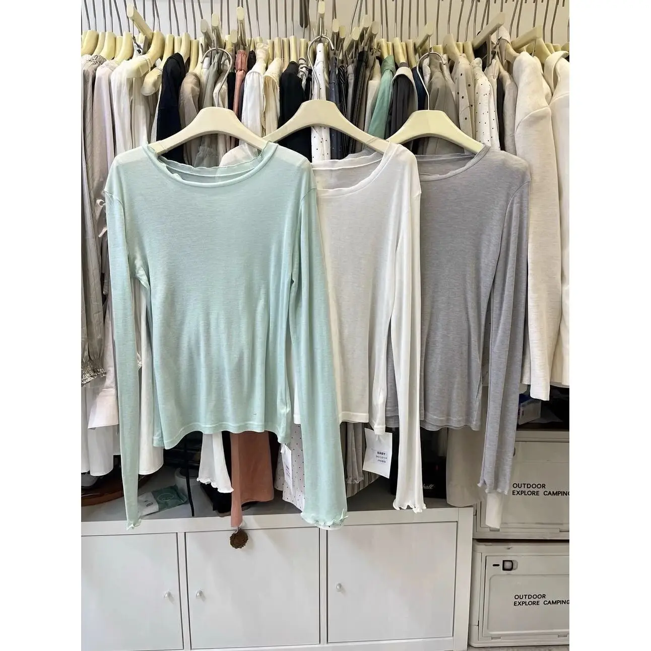 Korean Style Long Sleeve T-Shirt Women's Mint Green Light Weight round Neck Layering Slimming Base Shirt Commute Style Pure C...