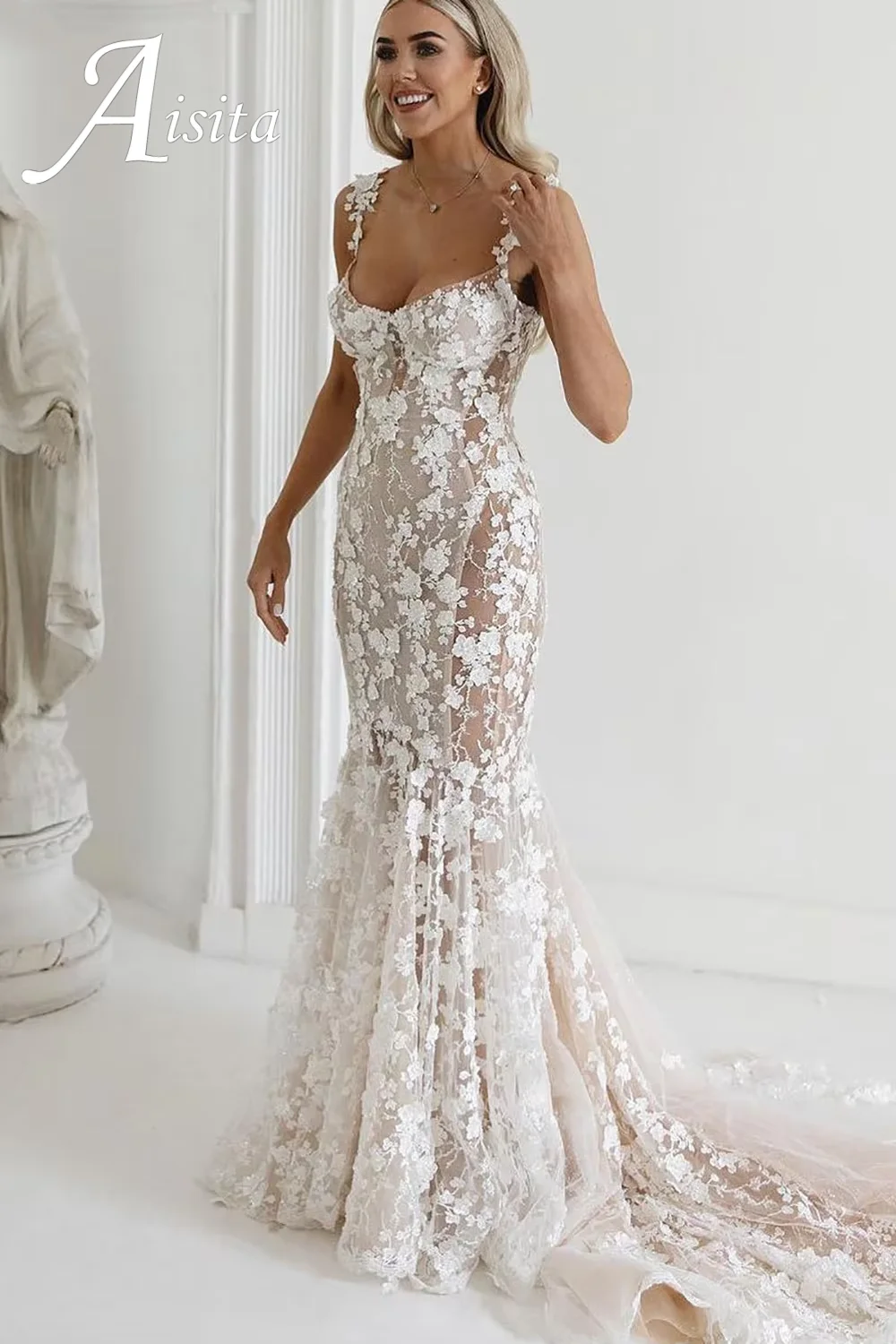 Apliques personalizados querida cintas de espaguete vestido de casamento apliques vestido de noiva longos vestidos de casamento mangas compridas 2025