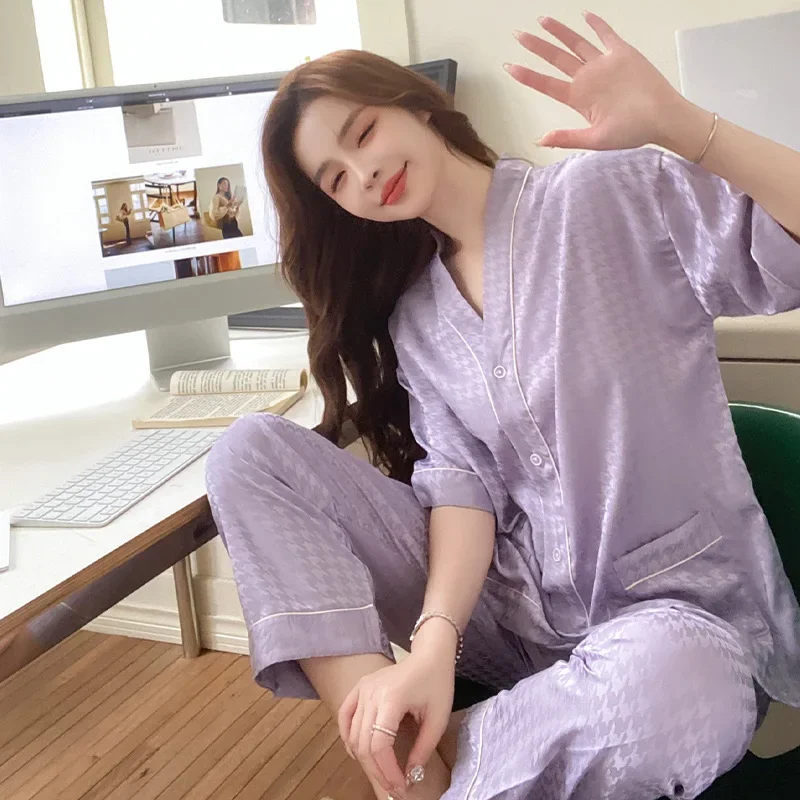 

Thousand Bird Grid Sweet Loungewear Set Spring and Summer Underwear Ice Silk Pajamas Women's New Cardigan Short-sleeved Trousers