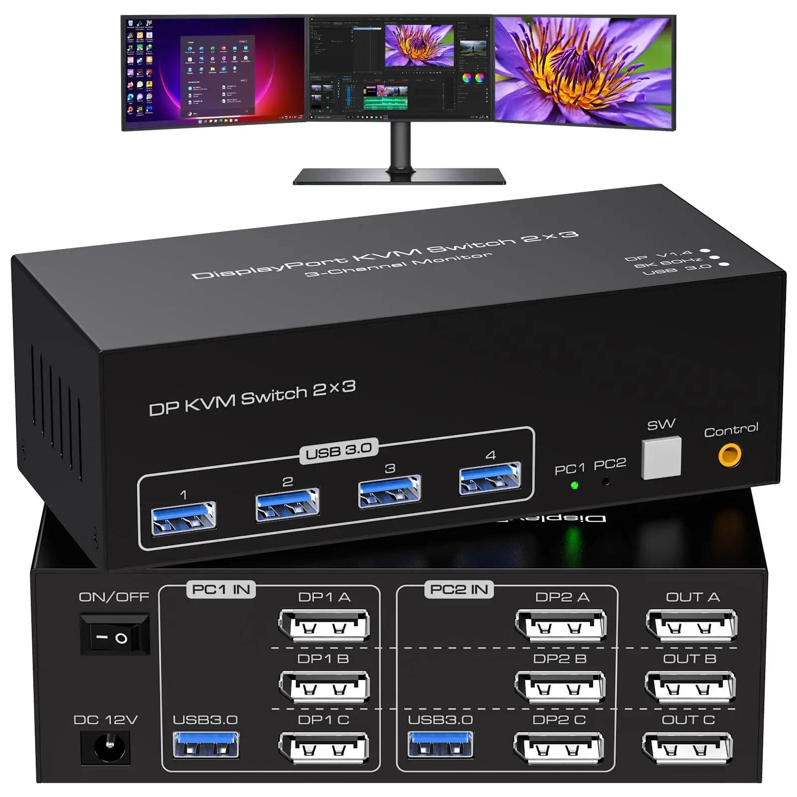 8K Displayport KVM Switch 3 Monitors 2 Computers 8K60Hz 4K120Hz DP KVM Switches Triple Monitor for 2 PC Share 4 USB 3.0 Support