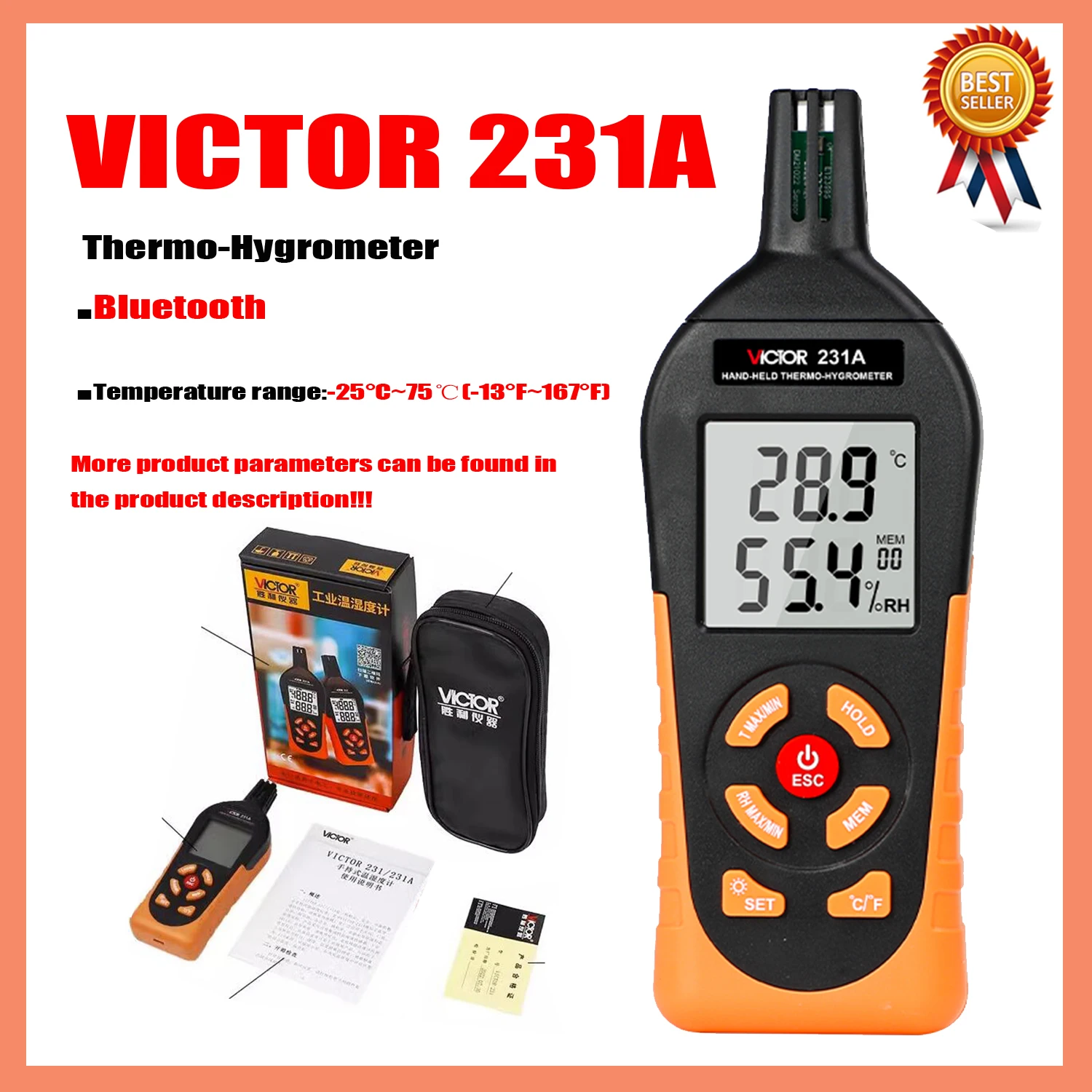 

VICTOR 231 231A High Accuracy With Bluetooth Thermo-Hygrometer Temperature Humidity Meter -Range 25~75 Degree 0~99.9%RH VC231A