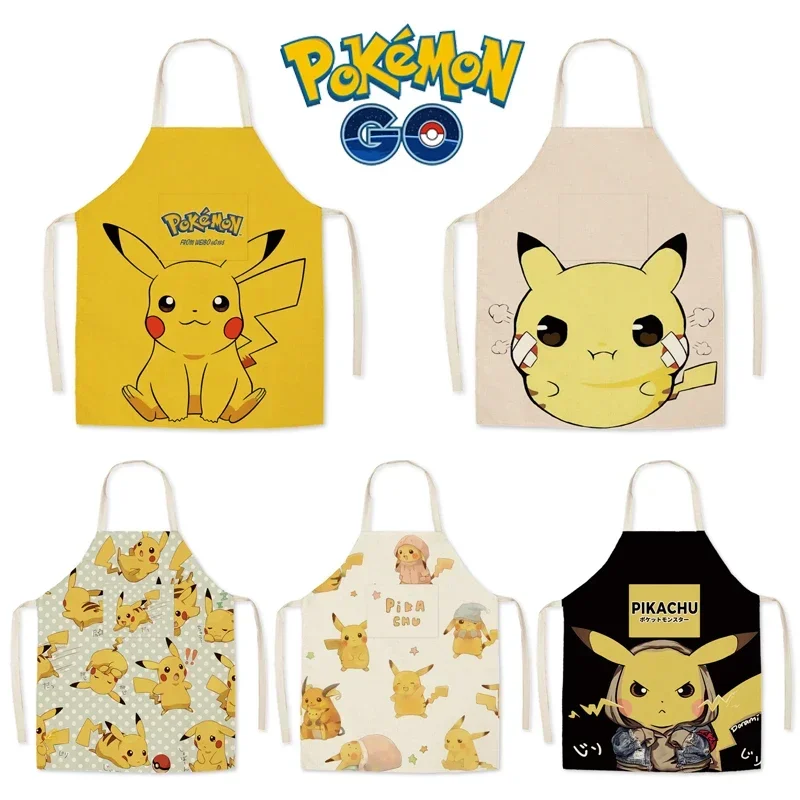 Pokemon Pikachu anime Cartoon Print Apron Women Sleeveless Linen Apron Kids Halloween Baking Cooking Pink Kitchen Accessories