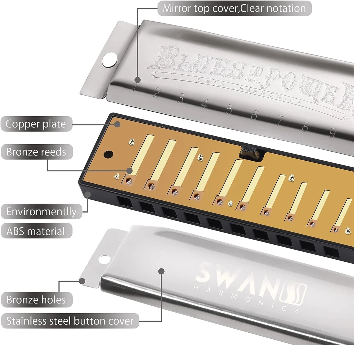 Miwayer Harmonica Senior Bruce 10 Hole BLUES with Case Brass Stainless Steel