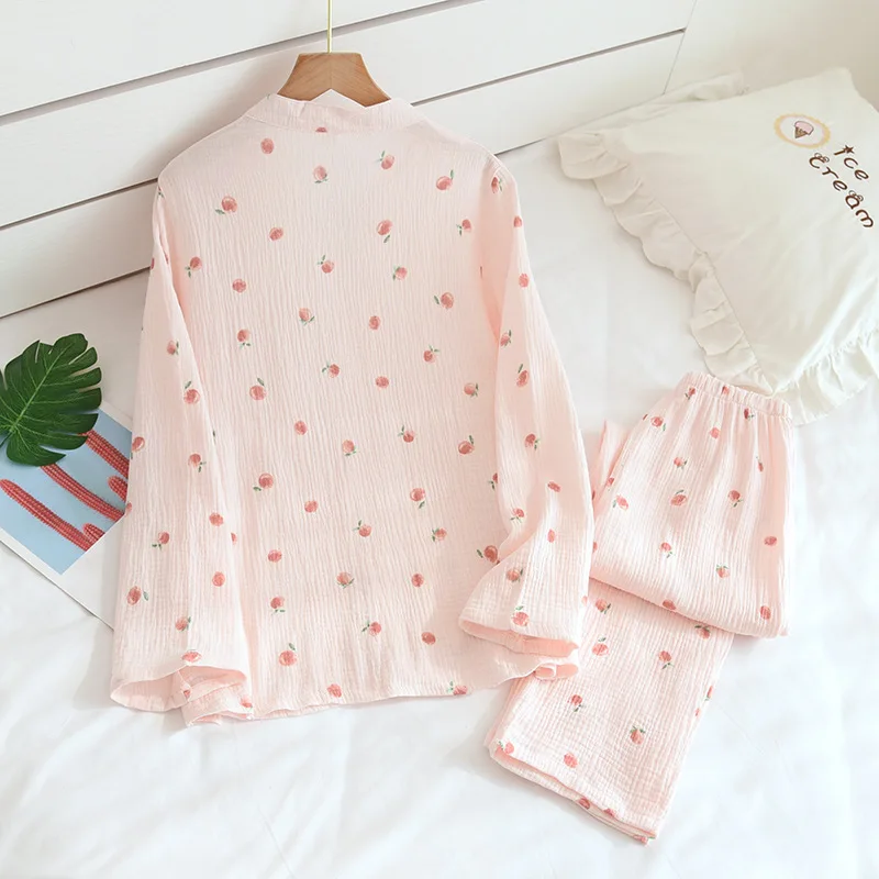 Japanese new style ladies spring and autumn V-neck pajamas 100% cotton long-sleeved home service thin suit two piece set summer