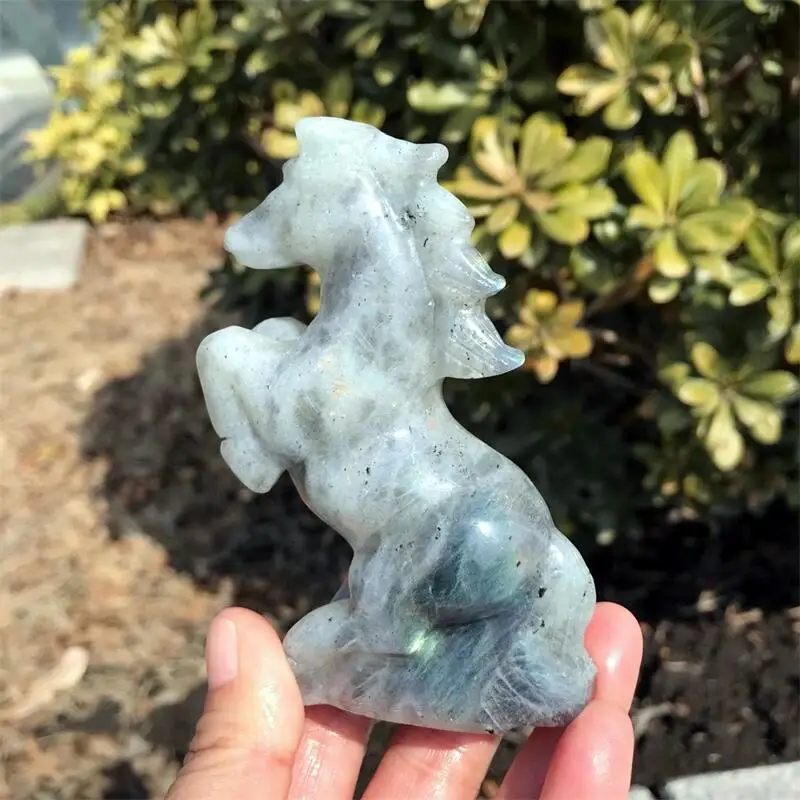 12CM Natural Labradorite Horse Carving Crystal Animal Carving Healing Fashion Home Decoration Healthy Birthday Gift 1pcs