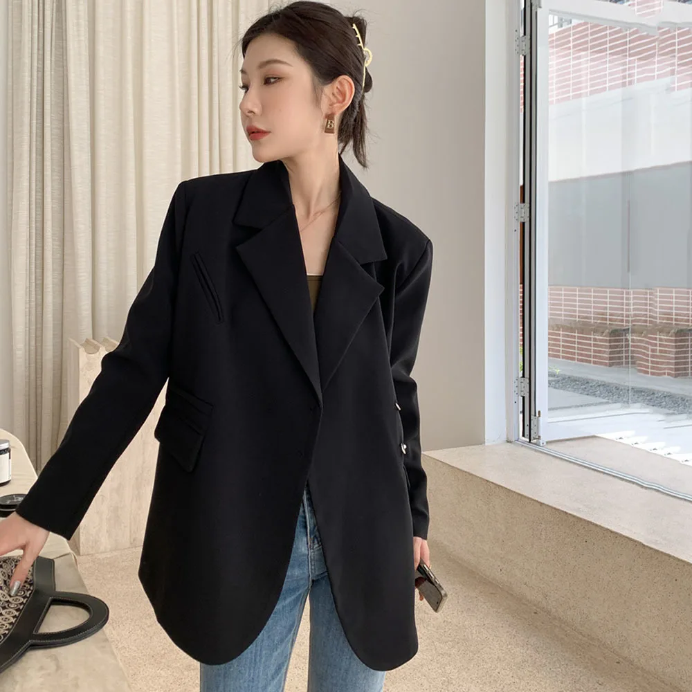 Women Black Oversize Casual Jacket New Lapel Long Sleeve Loose Blazer Fashion Pin Office Ladies Suits Coat Spring Autumn 2023